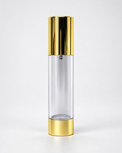 Embalagem airless, Transparente, Airless com tampa e base douradas