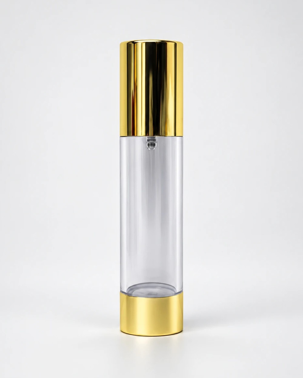 Envase airless, Transparente, Airless con tapa y base doradas