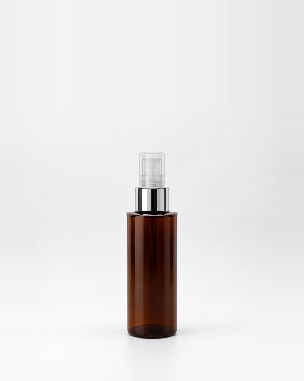 Envase con dosificador, Ámbar, Dosificador transparente con collar plata y sobretapa