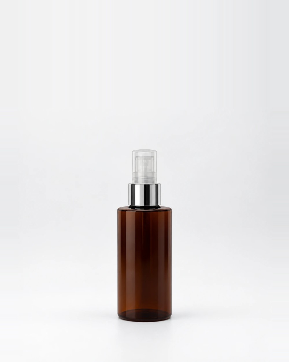 Envase con dosificador, Ámbar, Dosificador transparente con collar plata y sobretapa