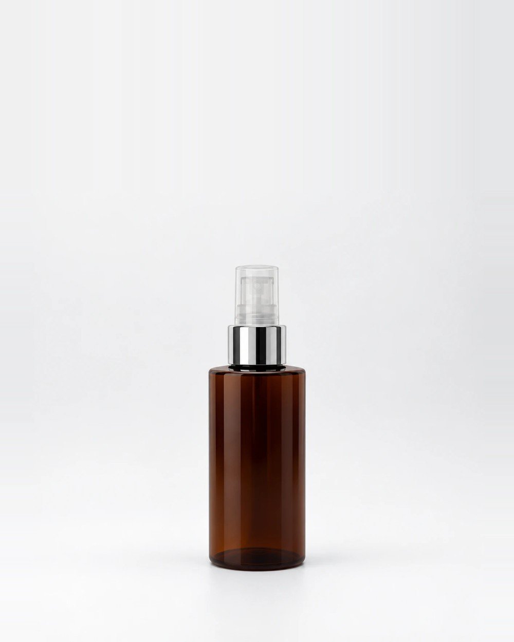 Envase con dosificador, Ámbar, Dosificador transparente con collar plata y sobretapa