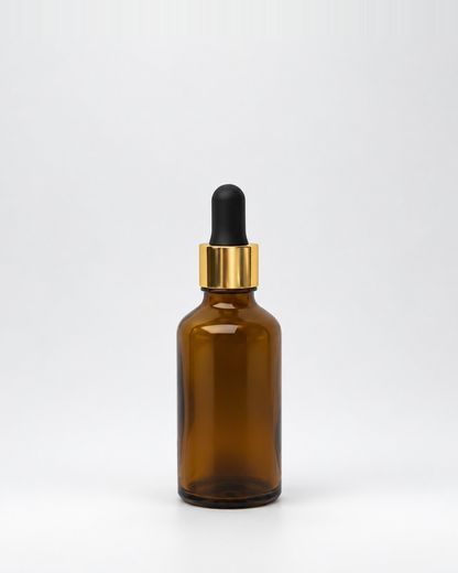 Frasco de vidro com conta-gotas, Âmbar, Conta-gotas preto com anel dourado