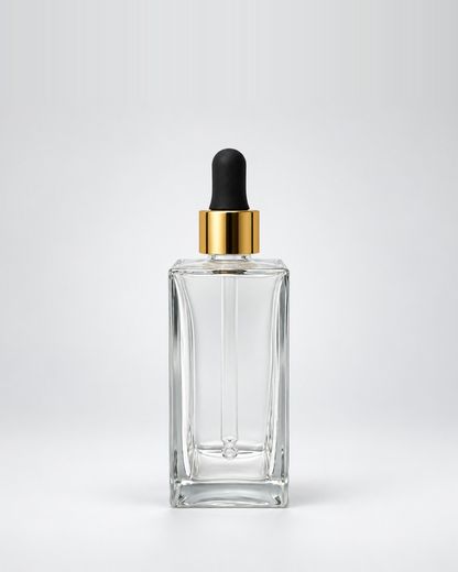 Frasco de vidro quadrado com conta-gotas, Transparente, Conta-gotas preto com anel dourado