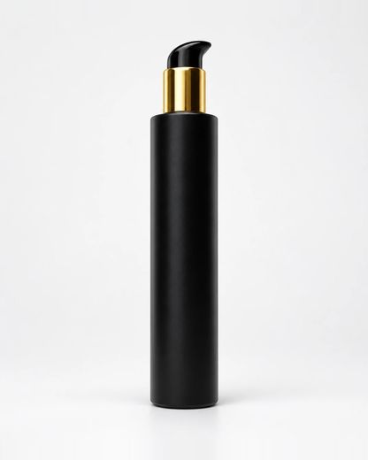 Embalagem com doseador e anel, Preto, Doseador preto curvo com anel dourado