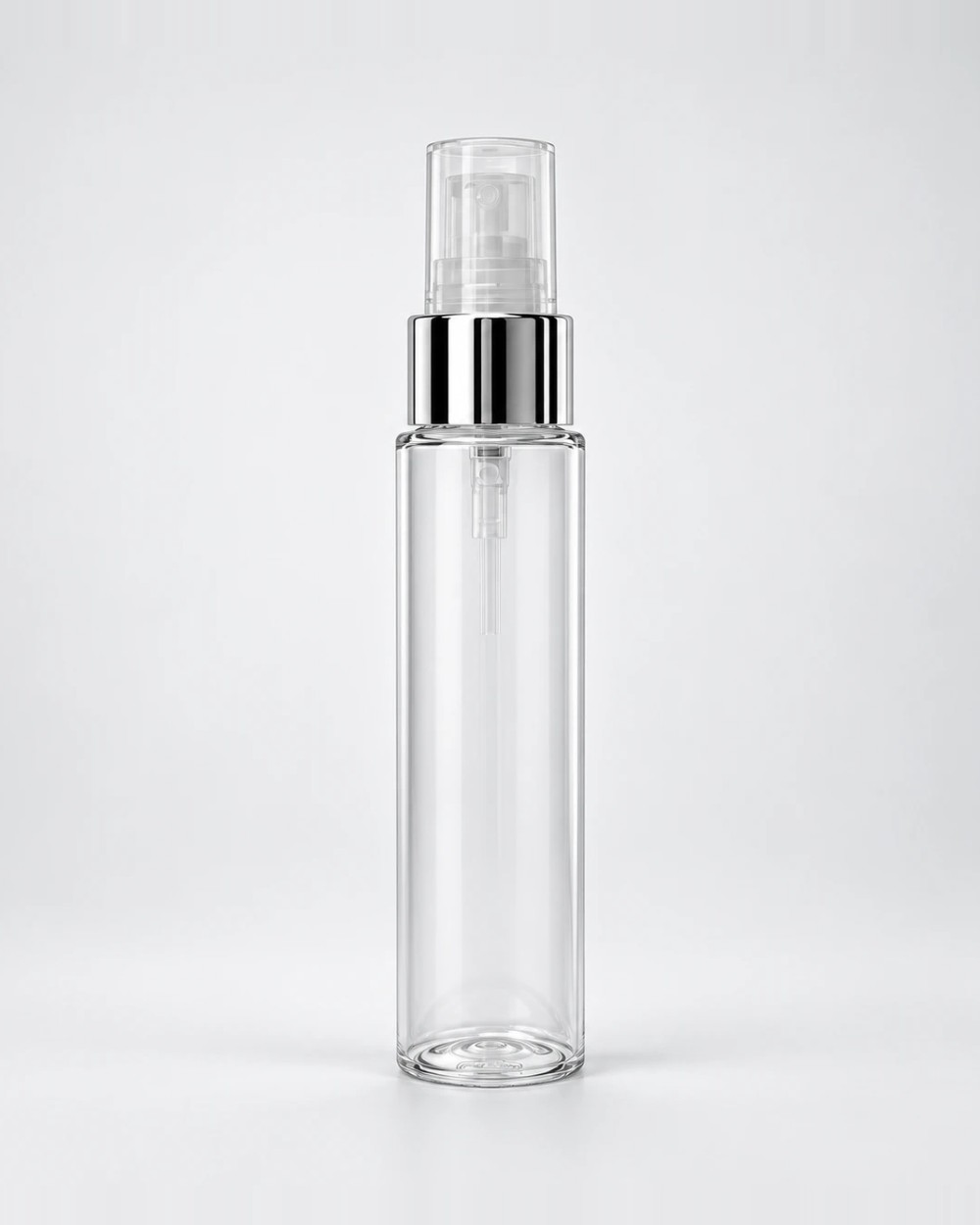Envase con dosificador, Transparente, Dosificador transparente con collar plata y sobretapa